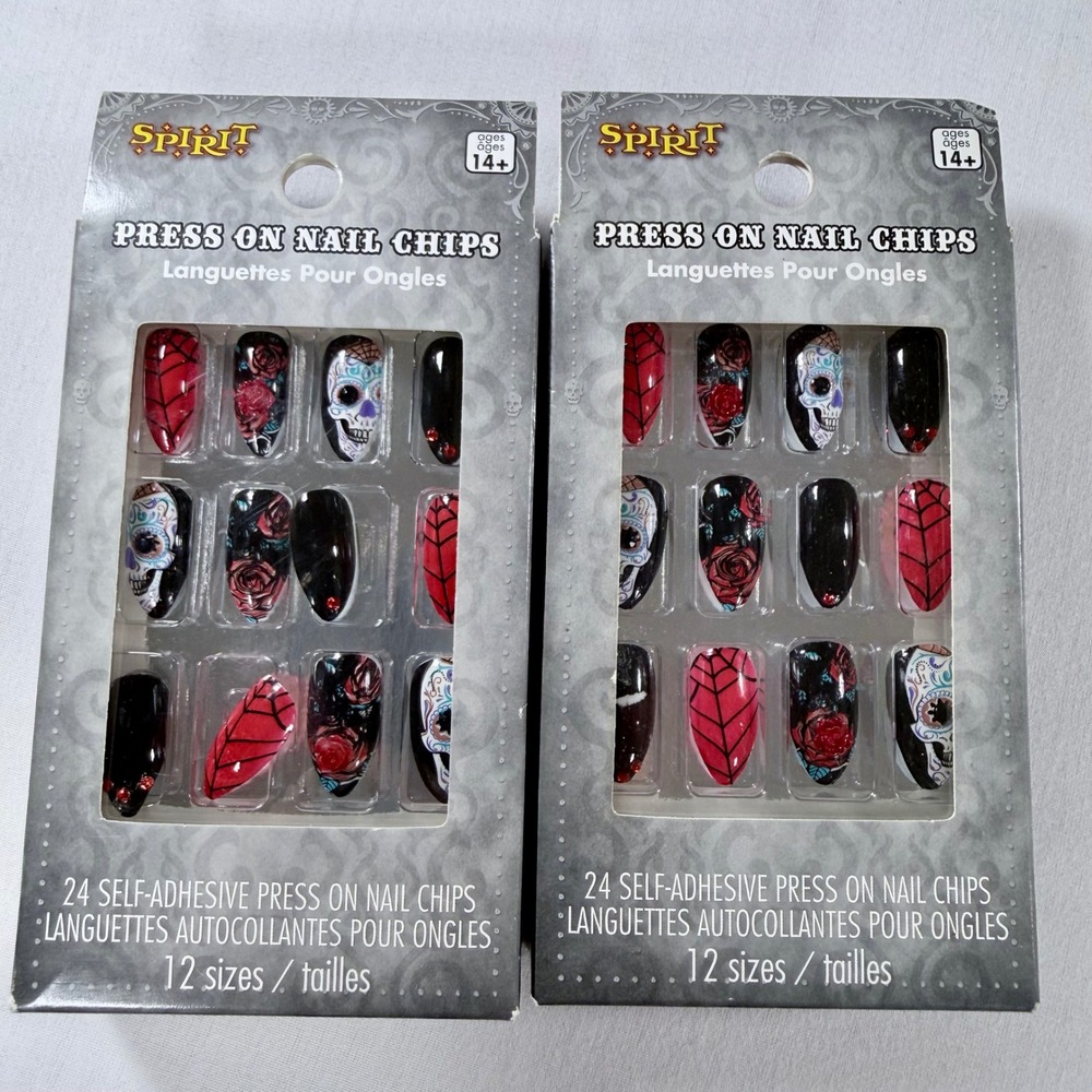 Spirit Halloween Press On Nails Lot 2 Sugar Skull Rose Spiderweb Day of the Dead